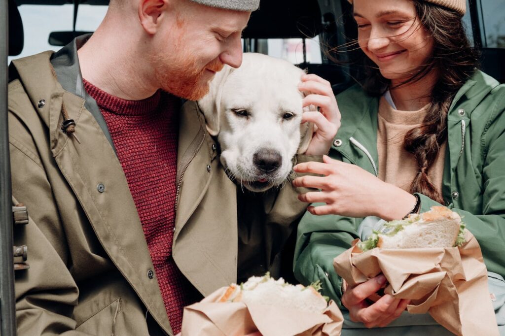 Smiling couple shares a moment with their Labrador retriever during an outdoor picnic.